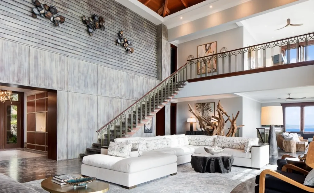 Falcon&rsquo;s Nest main living area with expansive ocean views and open design in the British Virgin Islands.