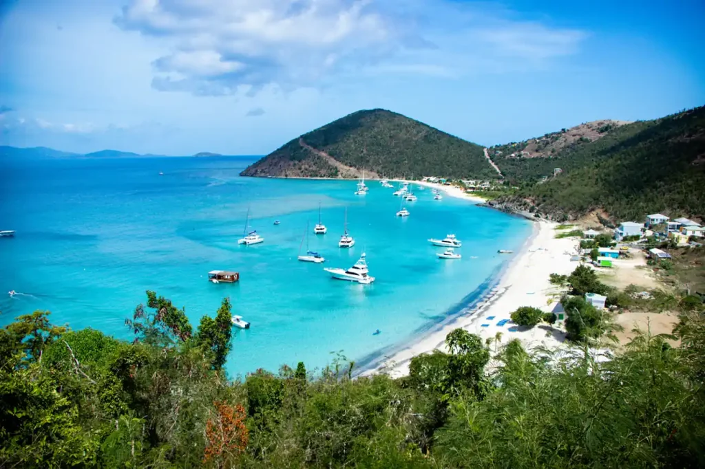 Elevated view of Jost Van Dyke's coastline and harbor.
