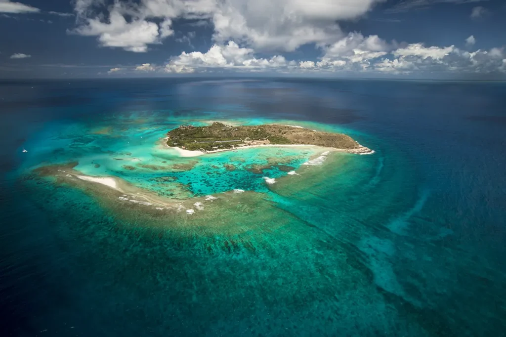Aerial view of Necker Island, one of the Caribbean's most exclusive private islands