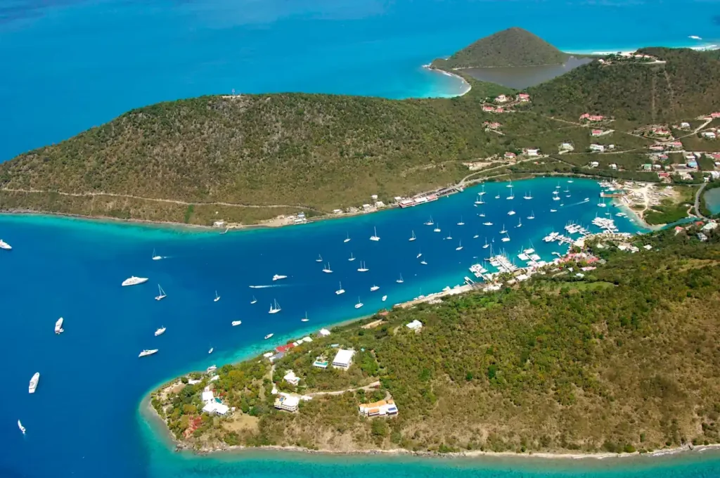 Aerial view of West End Tortola and Soper's Hole marina.