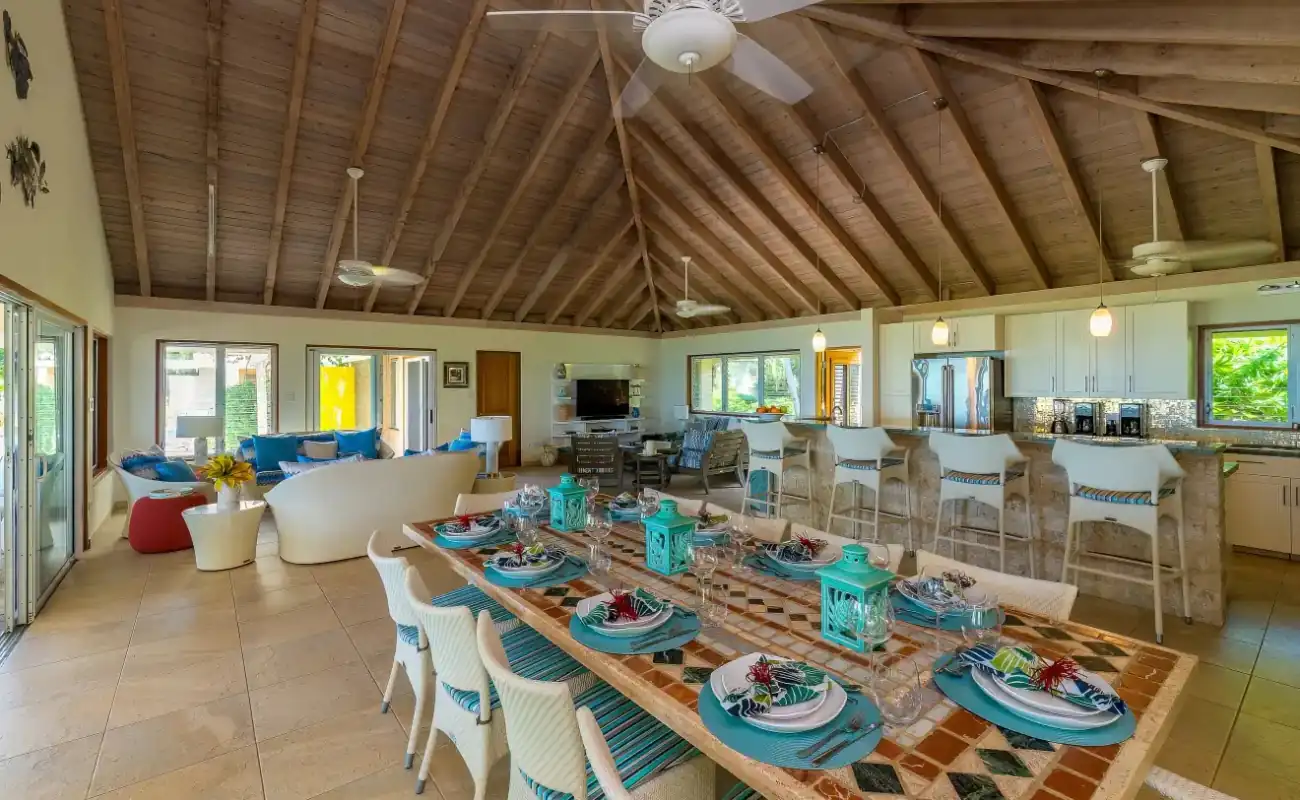 Indoor dining area at Beachcomber Villa with ocean views in the BVI.