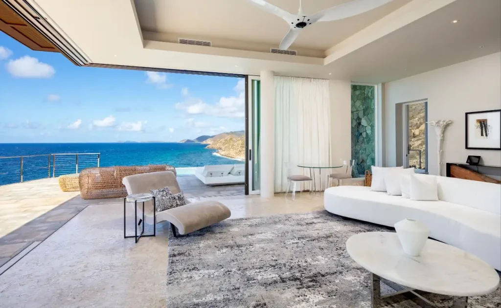 Spacious penthouse living area with open layout and ocean views at Oil Nut Bay in the British Virgin Islands.